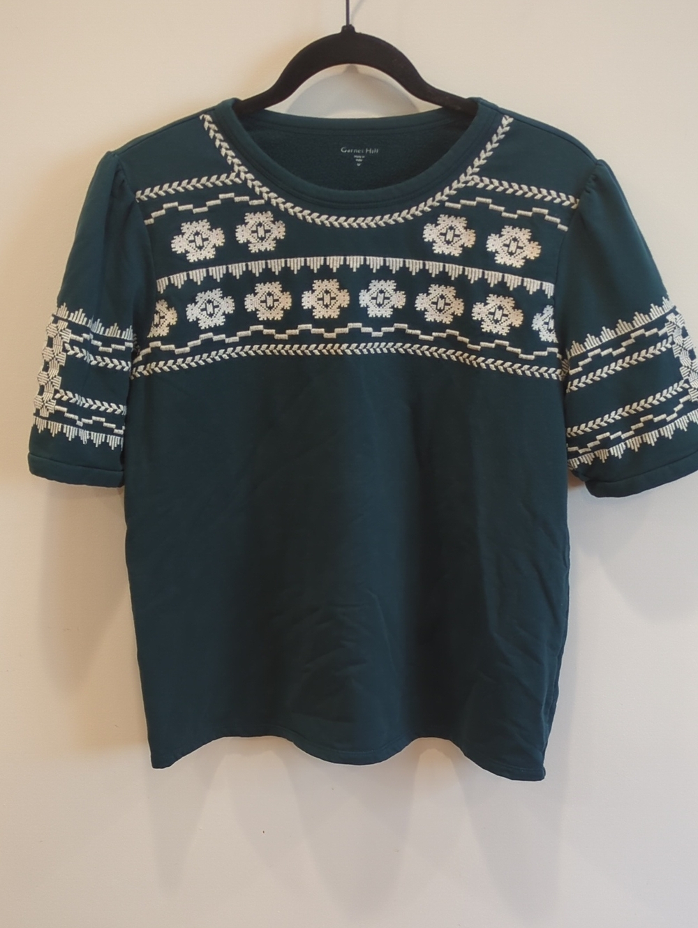 Granola Western Tribal Garnet Hill Teal Embroidered Puff Sleeve Sweatshirt (M)